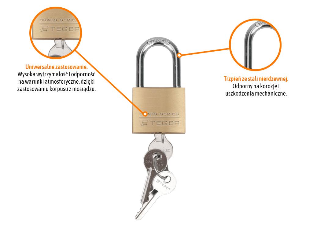 Kłódka mosiężna 40mm - 3 klucze / TEGER