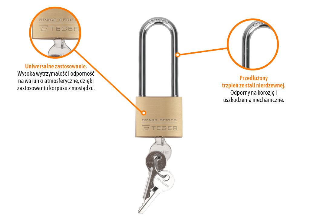 Kłódka mosiężna 50mm długa - 3 klucze / TEGER