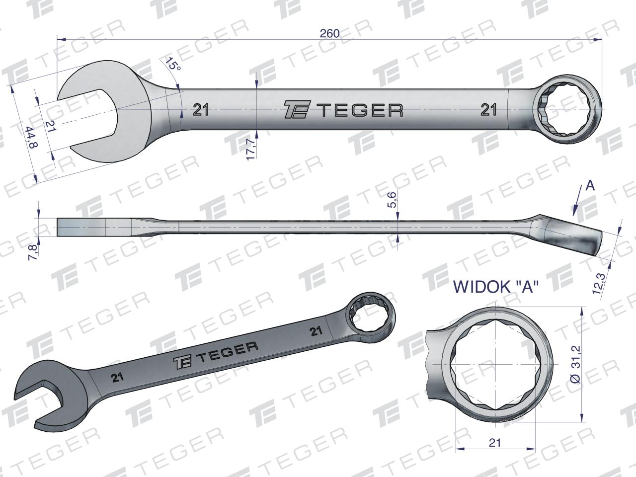 Klucz płasko-oczkowy 21 mm / TEGER