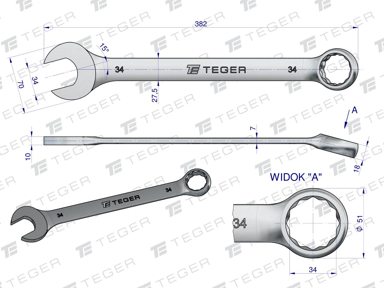 Klucz płasko-oczkowy 34 mm / TEGER
