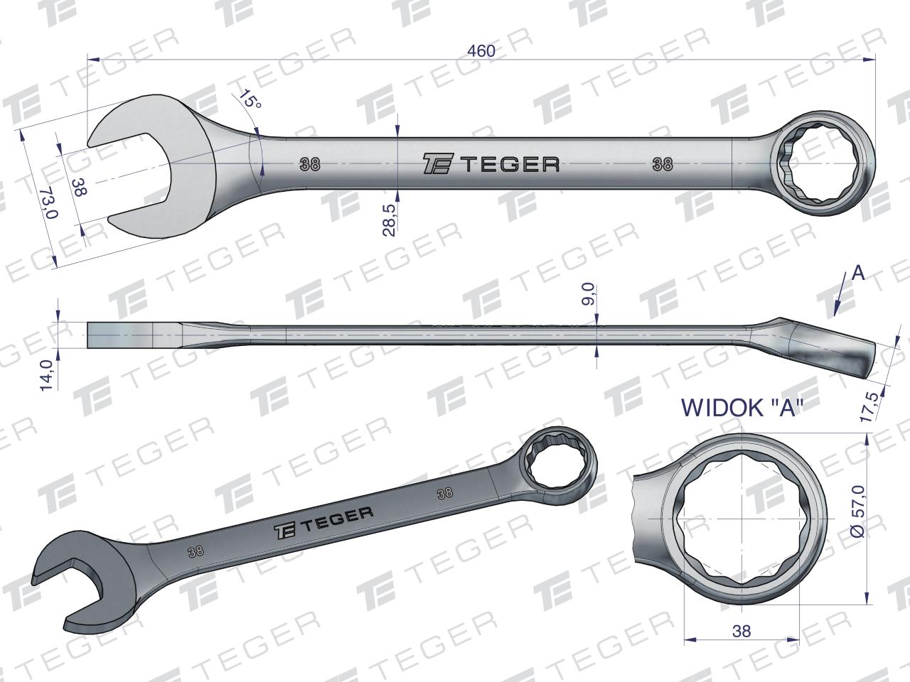 Klucz płasko-oczkowy 38 mm / TEGER