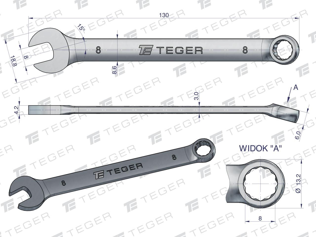 Klucz płasko-oczkowy 8 mm / TEGER