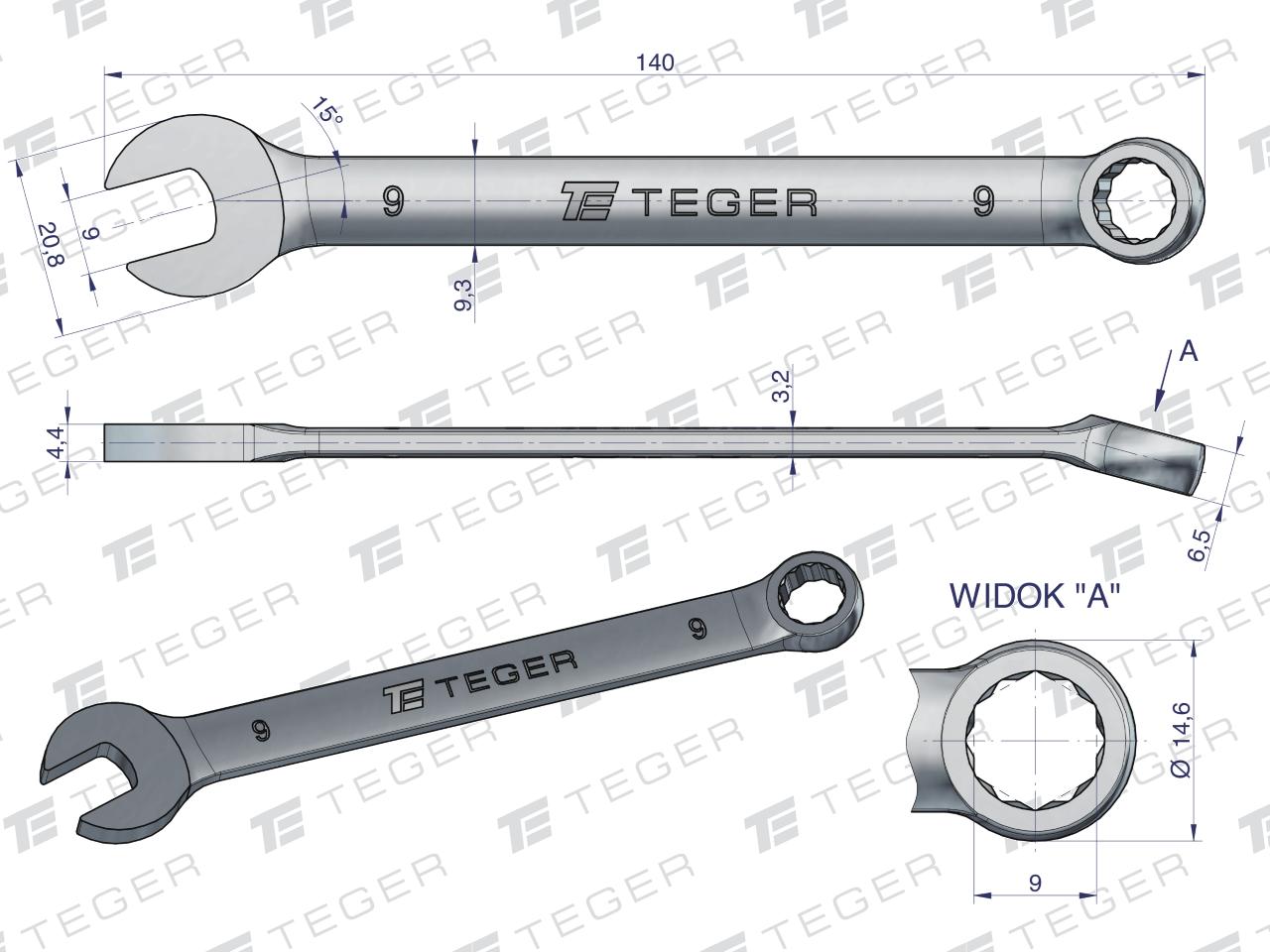 Klucz płasko-oczkowy 9 mm / TEGER