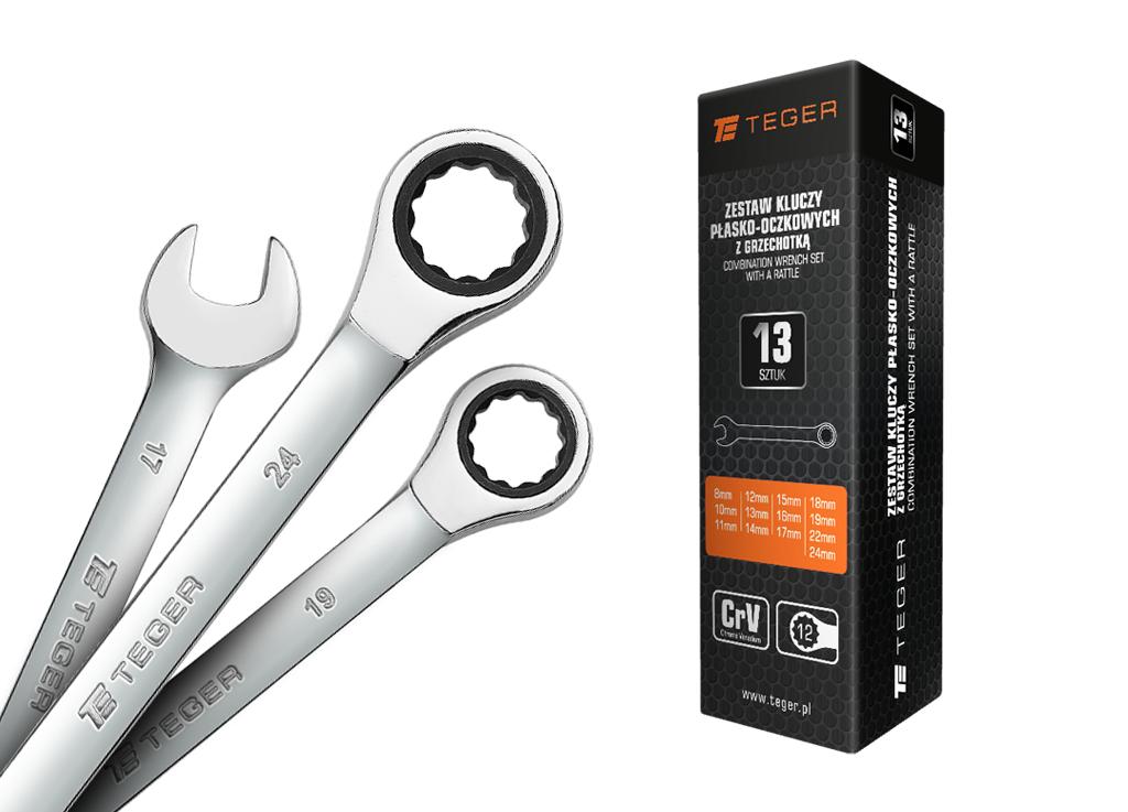 Zestaw kluczy płasko-oczkowych z grzechotką 13 szt / TEGER