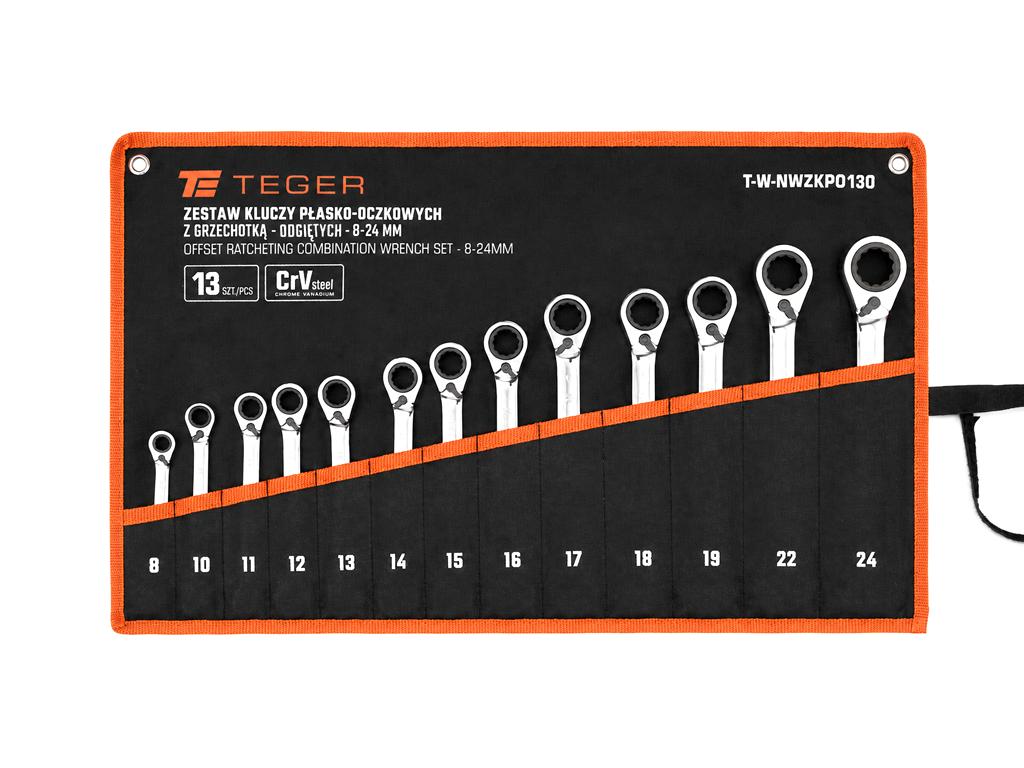 Zestaw kluczy płasko-oczkowych z grzechotką, odgiętych, 8-24 mm, 13 szt, Teger