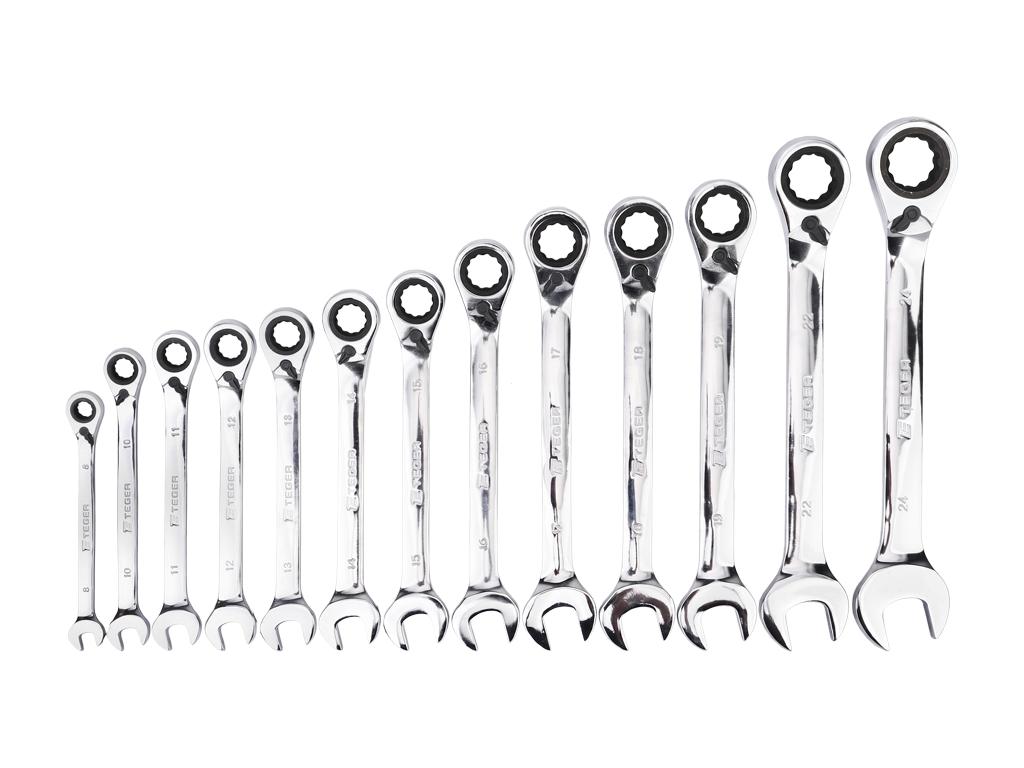 Zestaw kluczy płasko-oczkowych z grzechotką, odgiętych, 8-24 mm, 13 szt, Teger