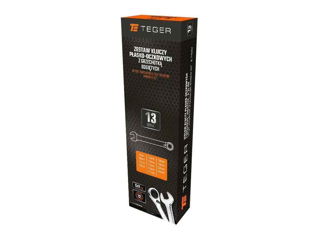 Zestaw kluczy płasko-oczkowych z grzechotką, odgiętych, 8-24 mm, 13 szt, Teger