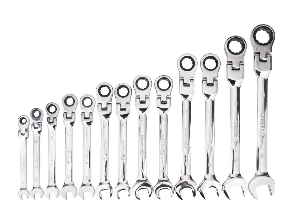Zestaw kluczy płasko-oczkowych z grzechotką, łamanych, przegubowych, 8-24 mm, 13 szt, Teger