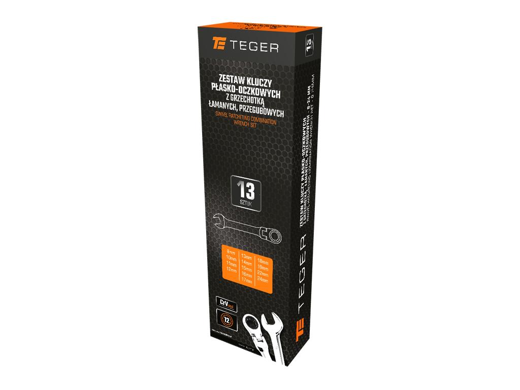 Zestaw kluczy płasko-oczkowych z grzechotką, łamanych, przegubowych, 8-24 mm, 13 szt, Teger
