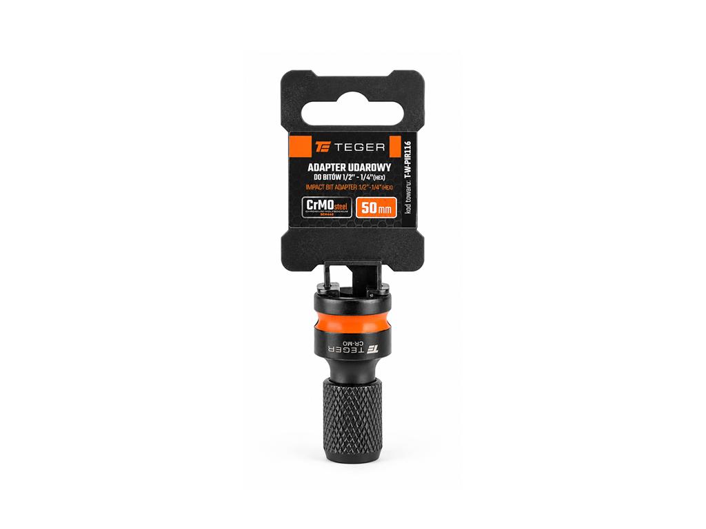 Adapter udarowy do bitów, 1/2" na 1/4"(HEX) 50 mm, Cr-Mo, Teger
