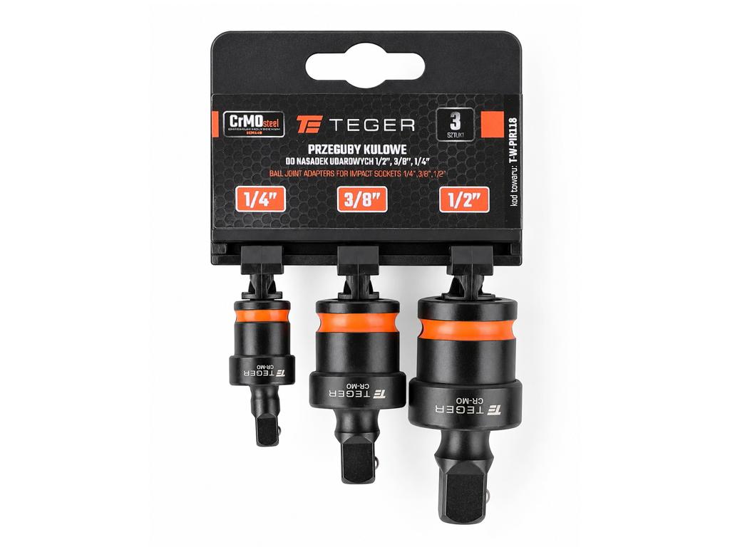 Przeguby kulowe do nasadek udarowych, 1/2" 1/4" 3/8" (zestaw 3 szt), Cr-Mo, Teger