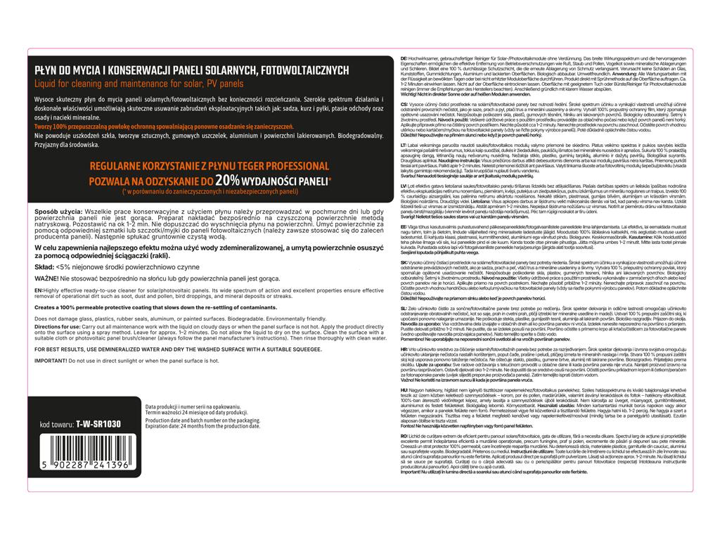 Płyn do mycia i konserwacji paneli solarnych i fotowoltaicznych PROFESSIONAL 5l / TEGER