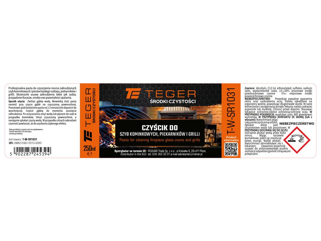 Czyścik do szyb kominkowych, piekarników i grili, 250 ml., Teger