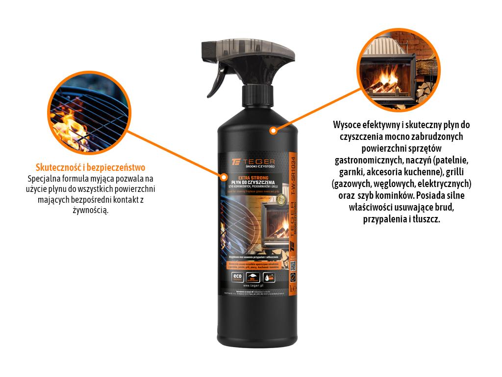 Płyn do czyszczenia szyb kominkowych, piekarników i grili EXTRA STRONG, 1l - atomizer, Teger