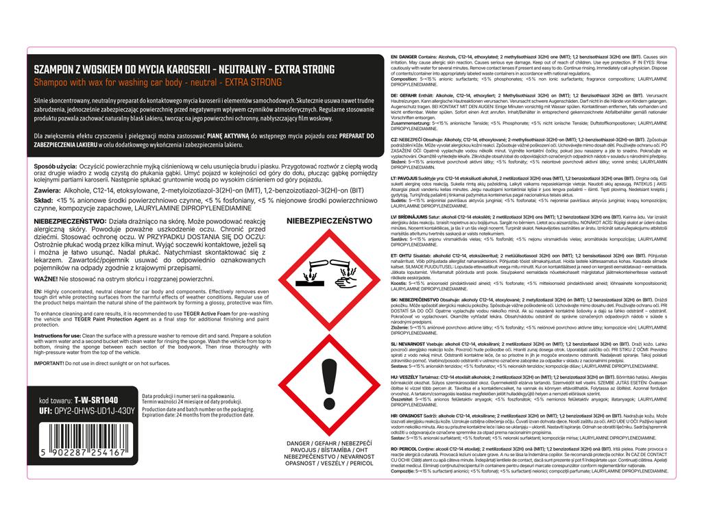 Szampon z woskiem do mycia karoserii - neutralny - EXTRA STRONG, 5l - koncentrat, TEGER