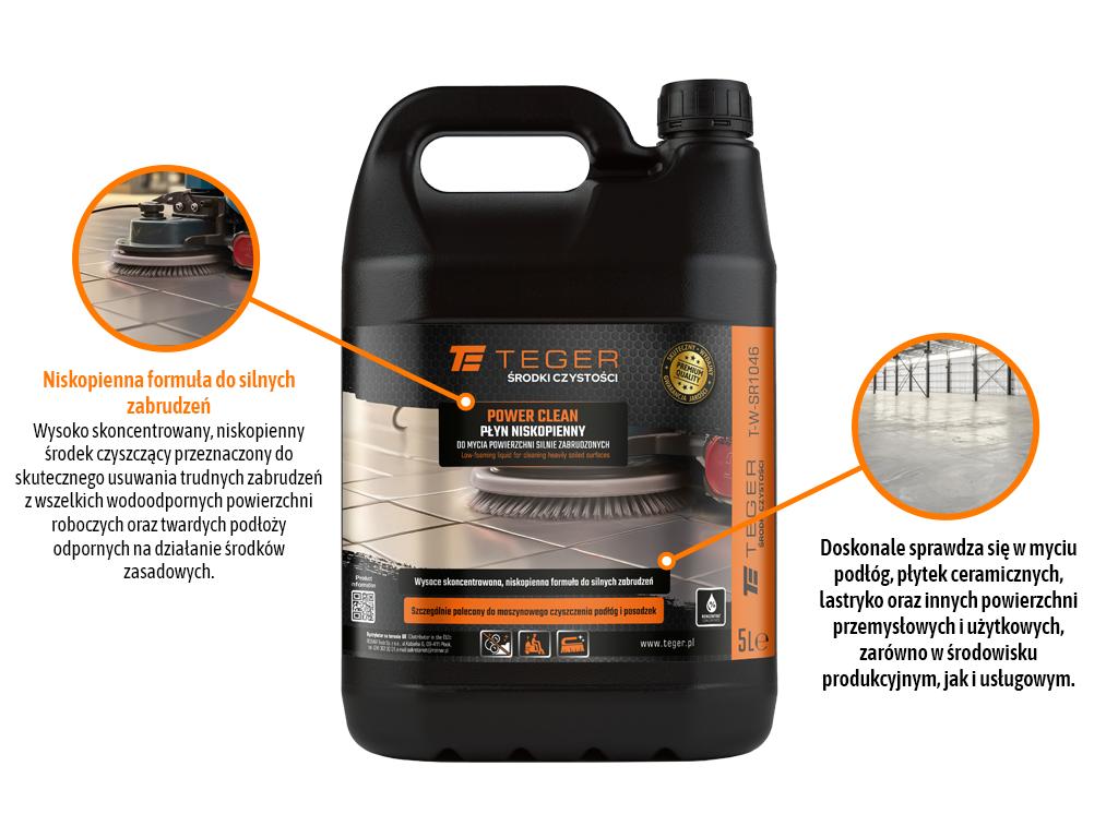 Płyn niskopienny do mycia powierzchni silnie zabrudzonych POWER CLEANING, 5l, Teger