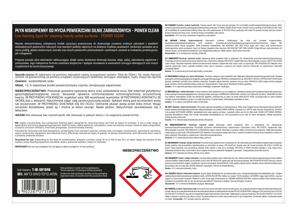 Płyn niskopienny do mycia powierzchni silnie zabrudzonych POWER CLEANING, 5l, Teger