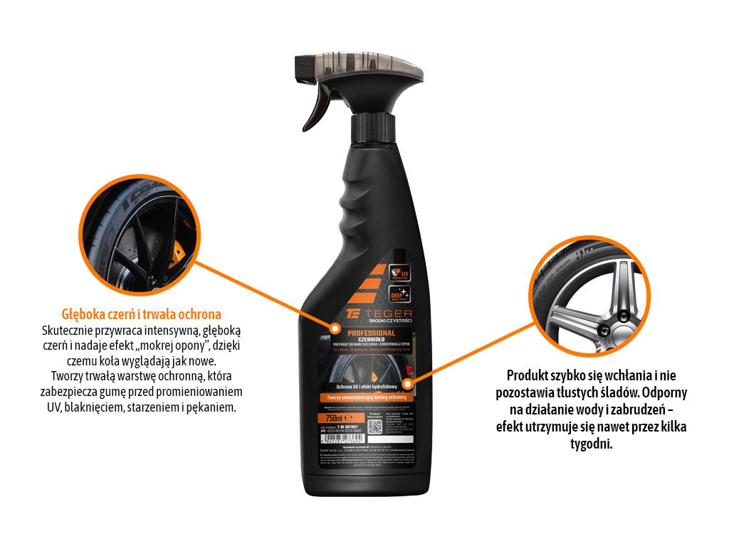 Preparat do nabłyszczania i konserwacji opon - Czernidło PROFESSIONAL, 750ml - atomizer, Teger