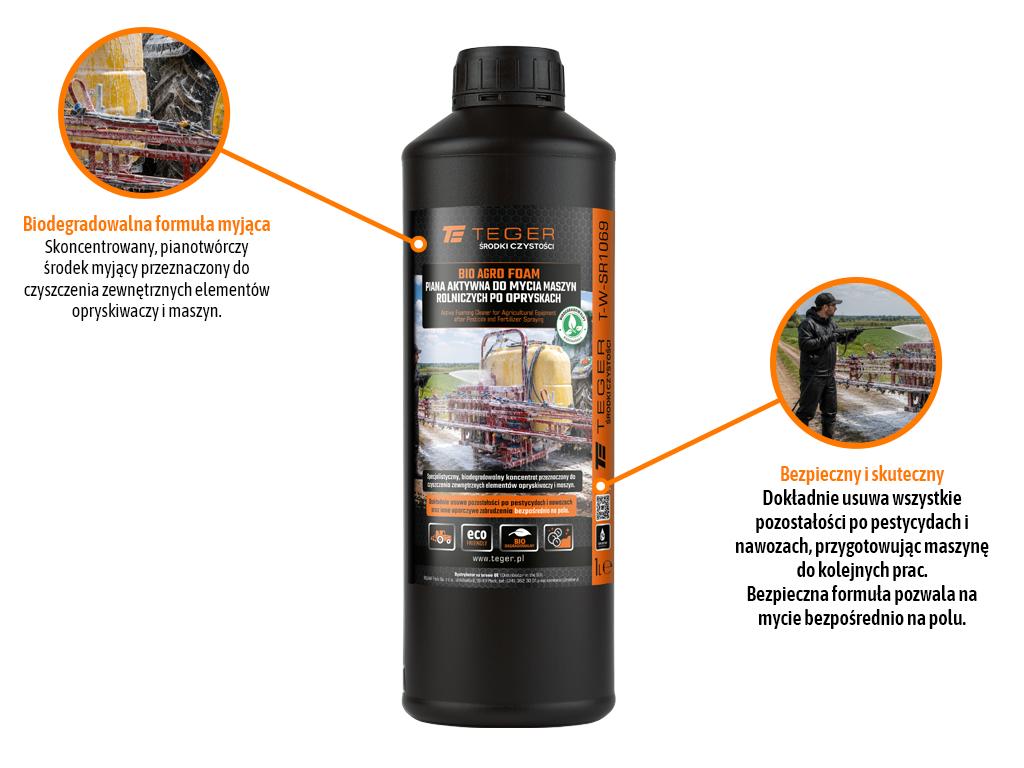 Piana aktywna do mycia maszyn rolniczych po opryskach - BIO AGRO FOAM, koncentrat 1l, Teger
