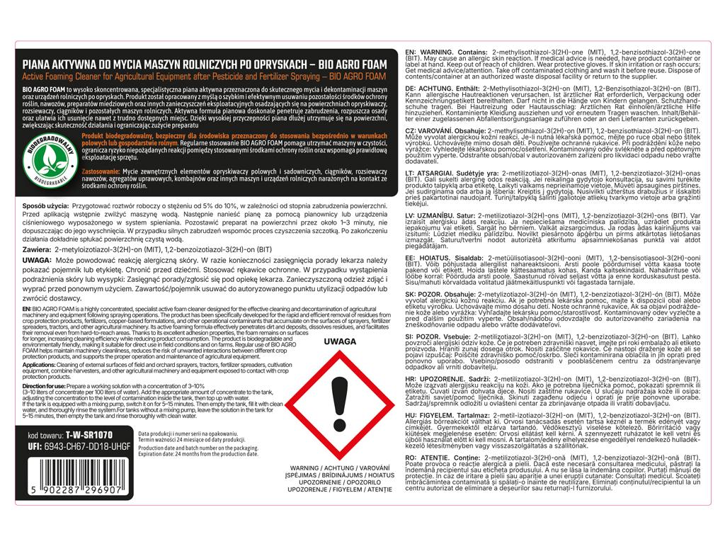 Piana aktywna do mycia maszyn rolniczych po opryskach - BIO AGRO FOAM, koncentrat 5l, Teger