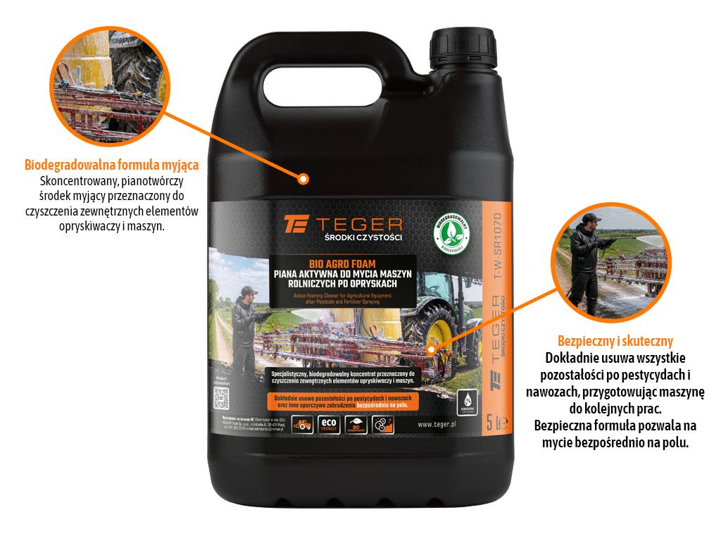 Piana aktywna do mycia maszyn rolniczych po opryskach - BIO AGRO FOAM, koncentrat 5l, Teger