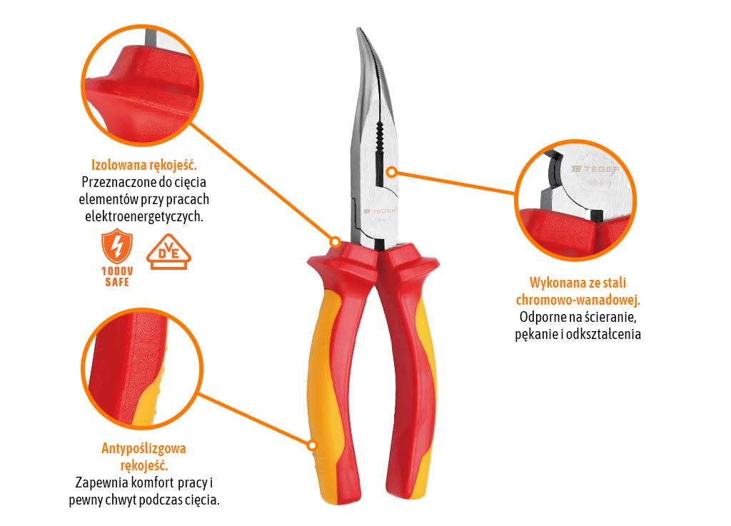 Szczypce wydłużone  - odgięte izolowane VDE 160 mm / TEGER