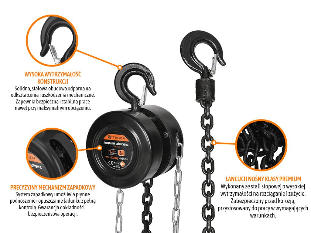 Wciągarka łańcuchowa 1T, 3m, cert. CE, Teger
