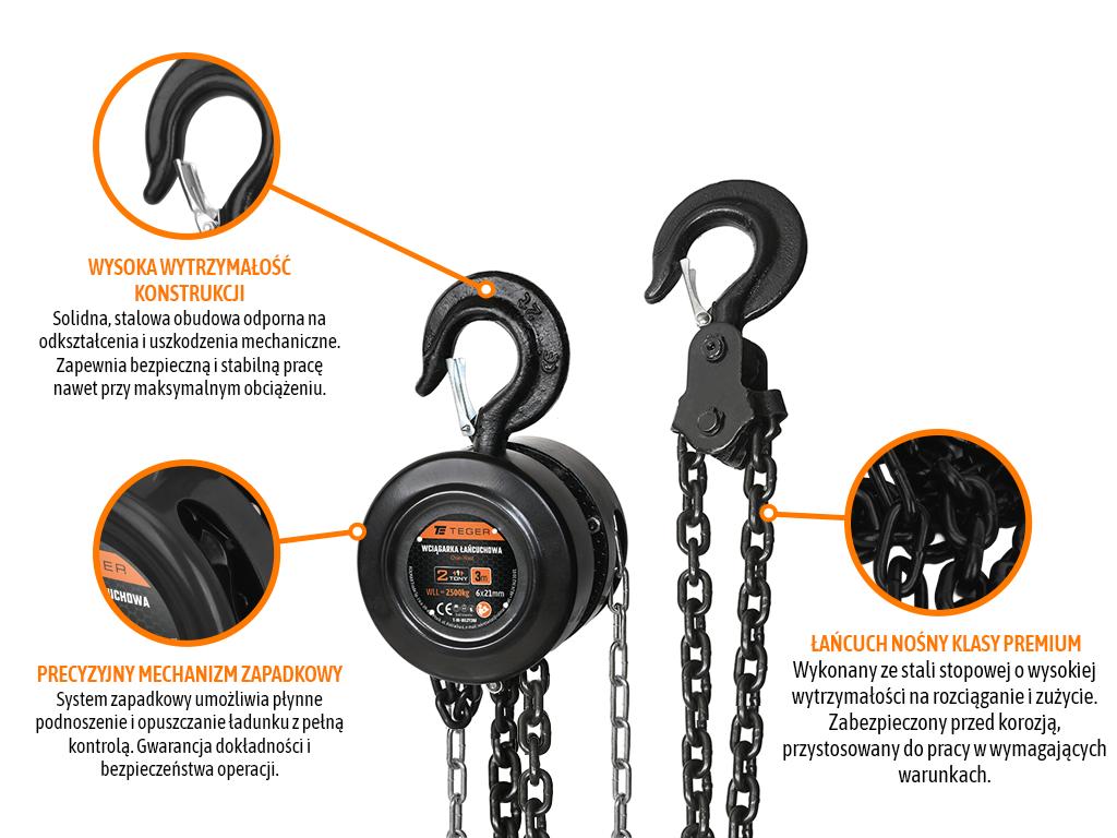 Wciągarka łańcuchowa 2T, 3m, cert. CE, Teger