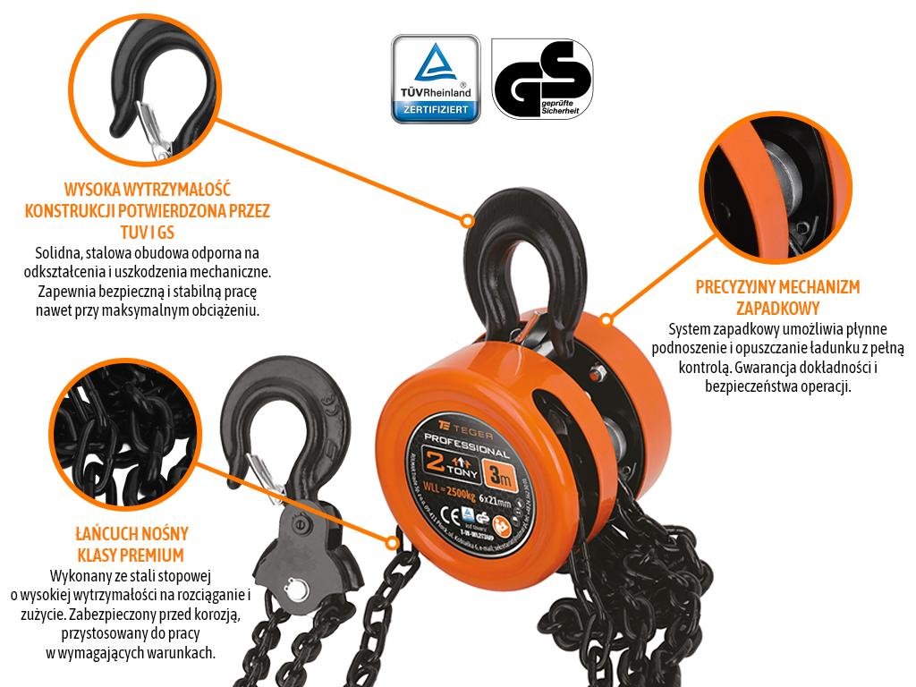 Wciągarka łańcuchowa PROFESSIONAL, 2T, 3m, cert. CE, Teger