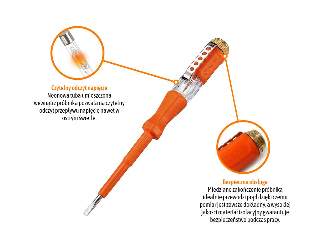 Próbnik, tester napięcia 3,0x140mm, AC 100-500V Cert. CE, (sprzedawane po 20), Teger