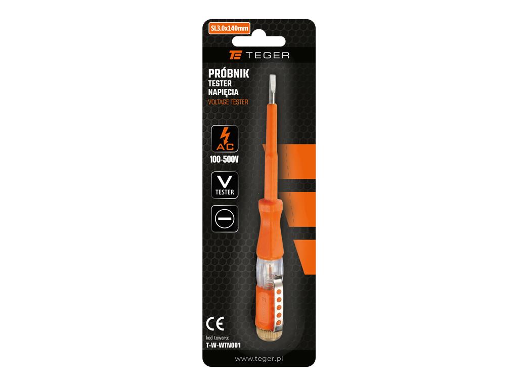 Próbnik, tester napięcia 3,0x140mm, AC 100-500V Cert. CE, Teger