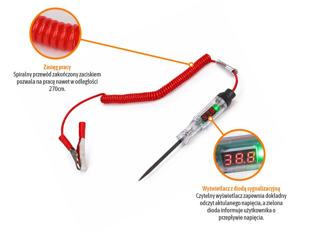 Próbnik, tester napięcia obwodów samochodowych z wyświetlaczem LCD, DC 3-48V, Cert. CE, Teger