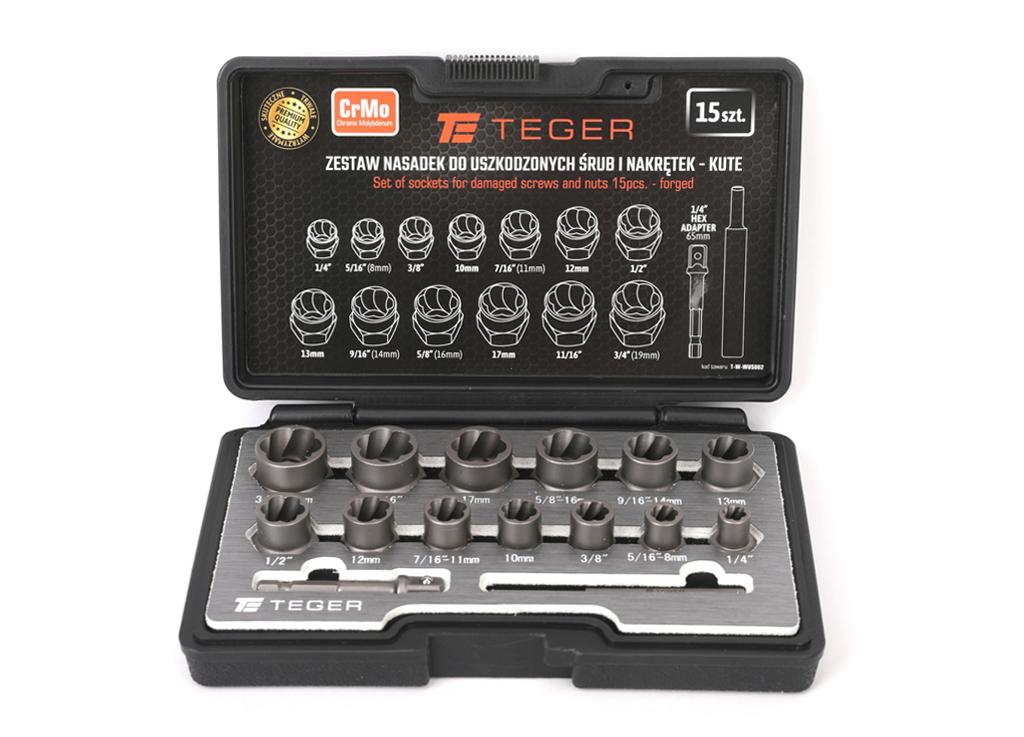 Zestaw nasadek do uszkodzonych śrub i nakrętek 15 szt - kute/ stal Cr-Mo / TEGER