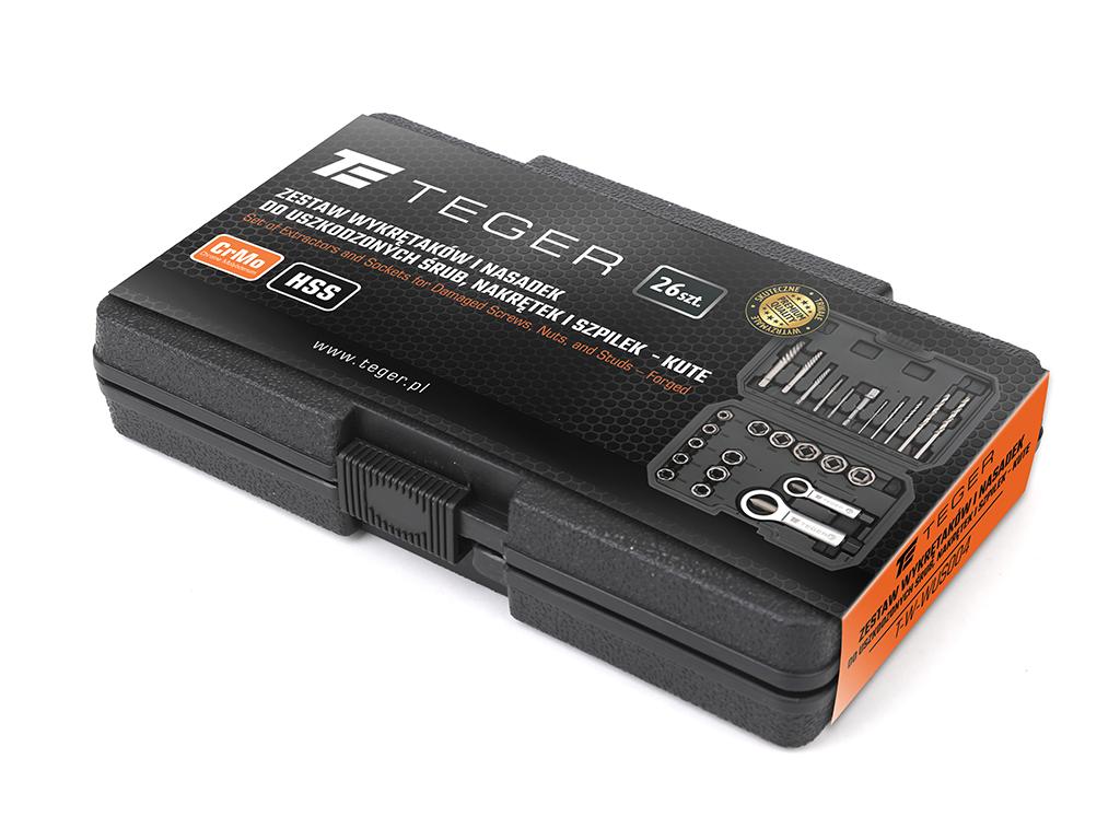 Zestaw wykrętaków i nasadek do uszkodzonych śrub, nakrętek i szpilek 26 szt - kute/ stal Cr-Mo, Teger