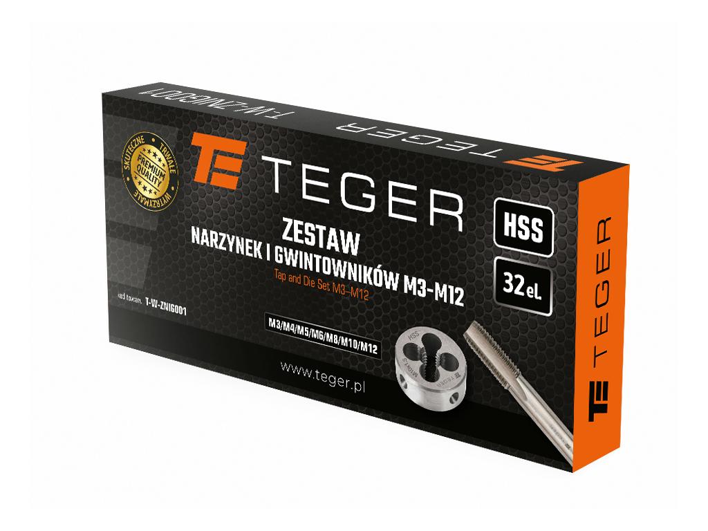 Zestaw narzynek i gwintowników, M3-M12 (32 el.), stal HSS, Teger