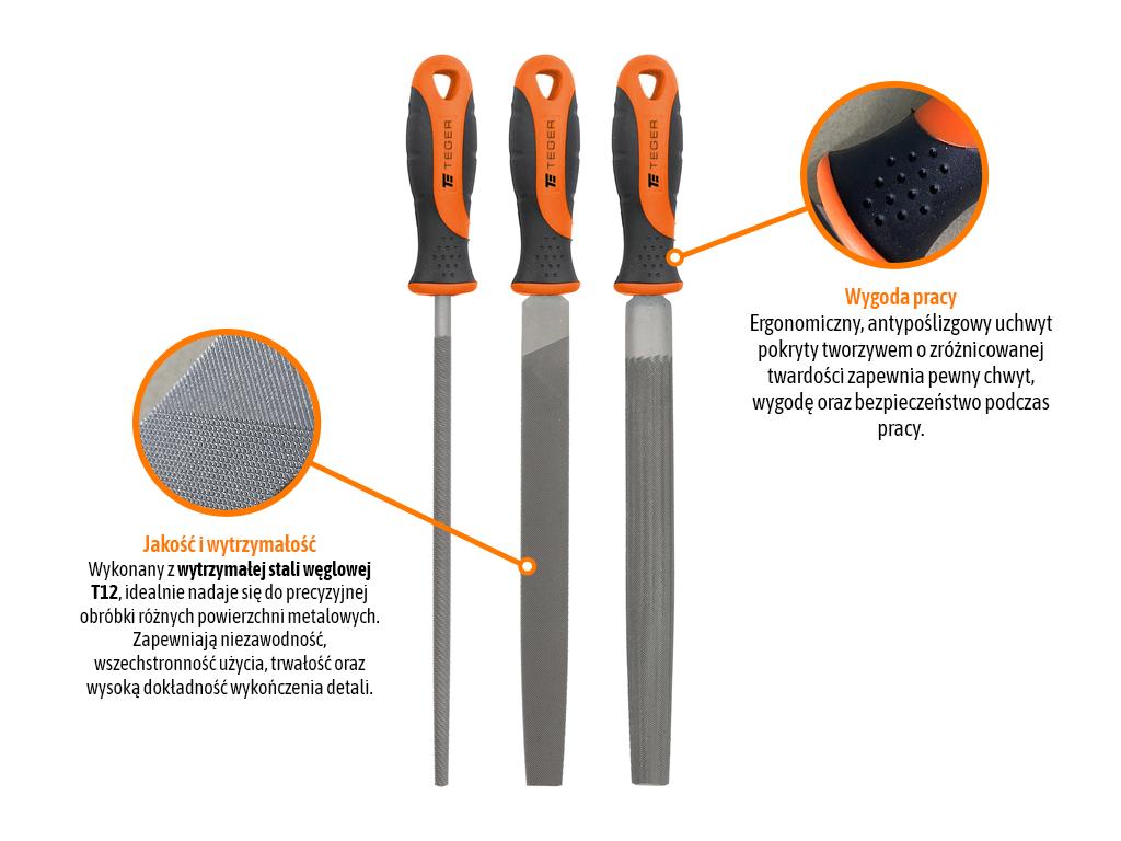 Zestaw pilników do metalu, 200mm / GR2 (płaski, półokrągły, okrągły) 3 szt., Teger