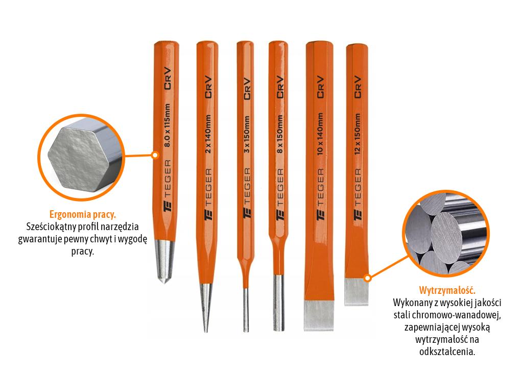 Zestaw przecinaków punktaków i wybijaków ślusarskich, 6 szt, Teger