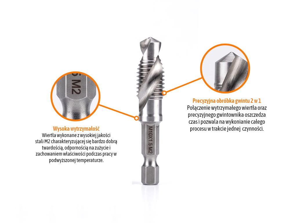 Zestaw wierteł gwintujących PROFESSIONAL, HEX M3-M10 (7 el.), stal M2, z adapterem, Teger