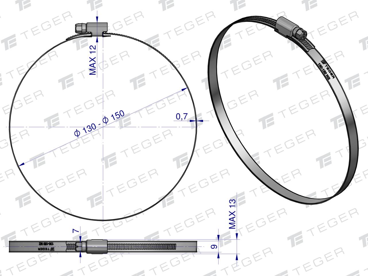 Opaska zaciskowa 130-150 ślimakowa (obejma W2 - stal nierdzewna) szerkość 9mm TEGER ( sprzedawane po 10 )