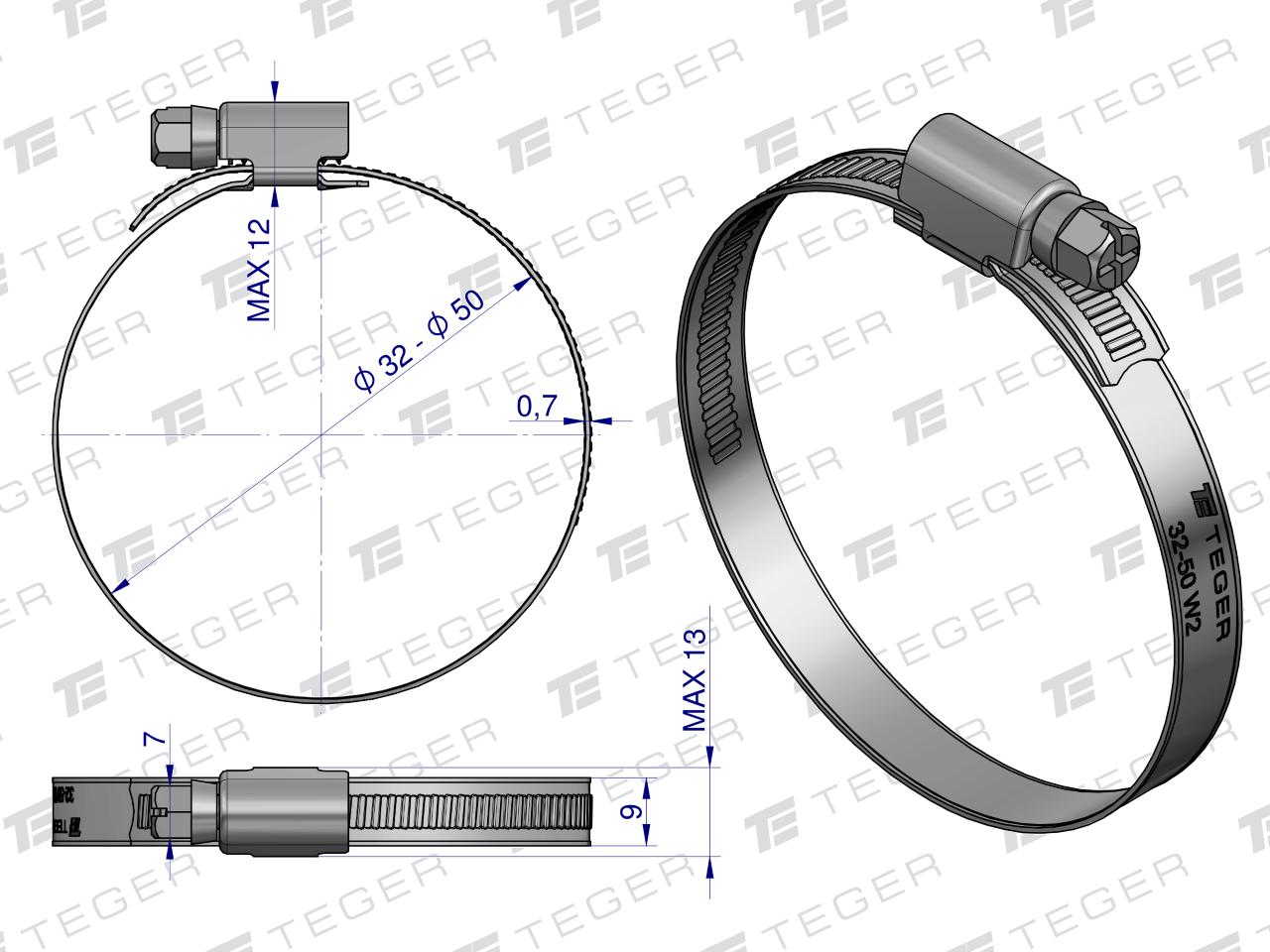 Opaska zaciskowa 32-50 ślimakowa (obejma W2 - stal nierdzewna)  szerokość 9mm TEGER ( sprzedawane po 50 )