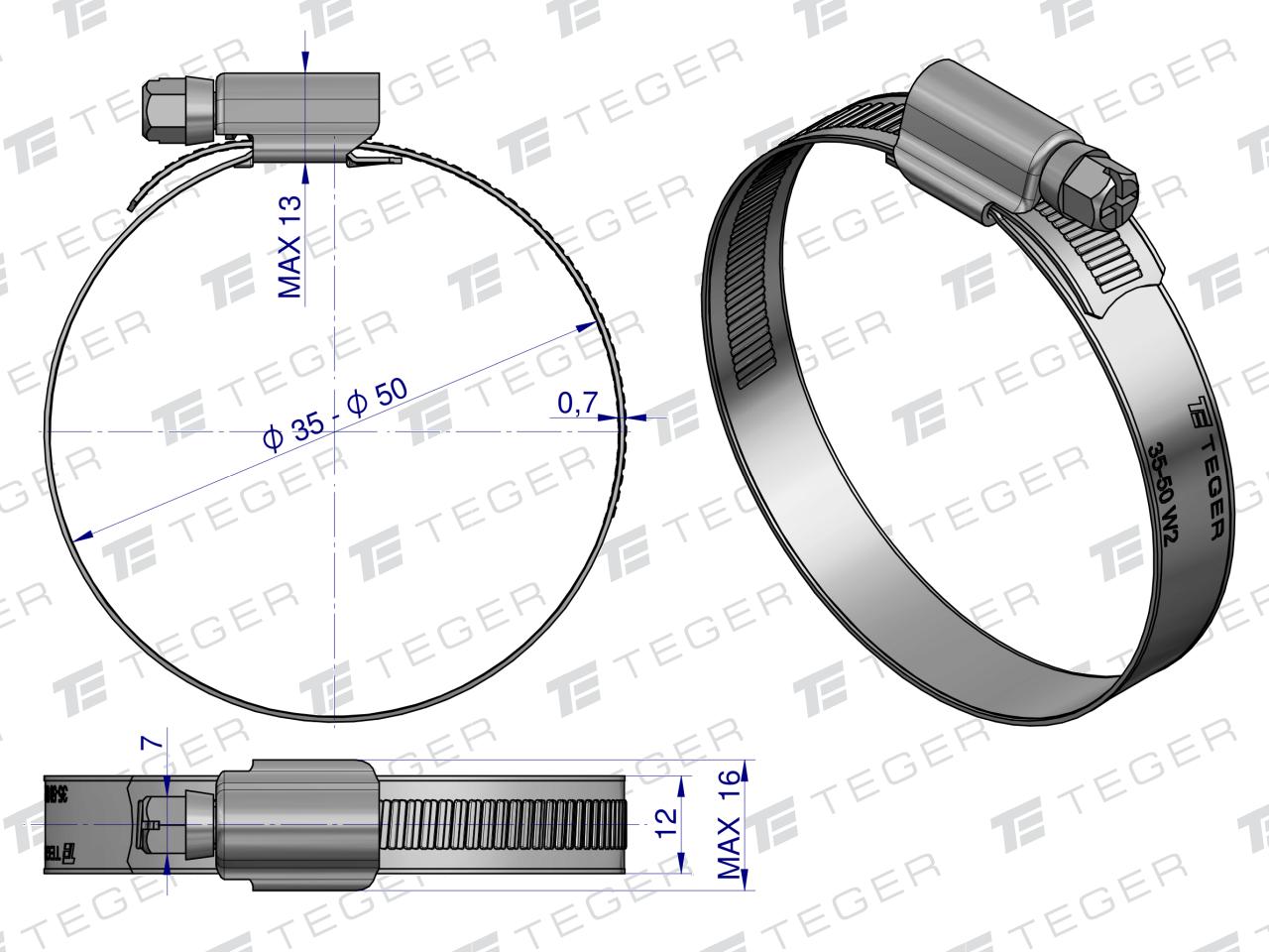 Opaska zaciskowa wzmocniona 35-50 (32-50) ślimakowa (obejma W2 - stal nierdzewna) szerkość 12mm (blister) TEGER ( sprzedawane po 6 )