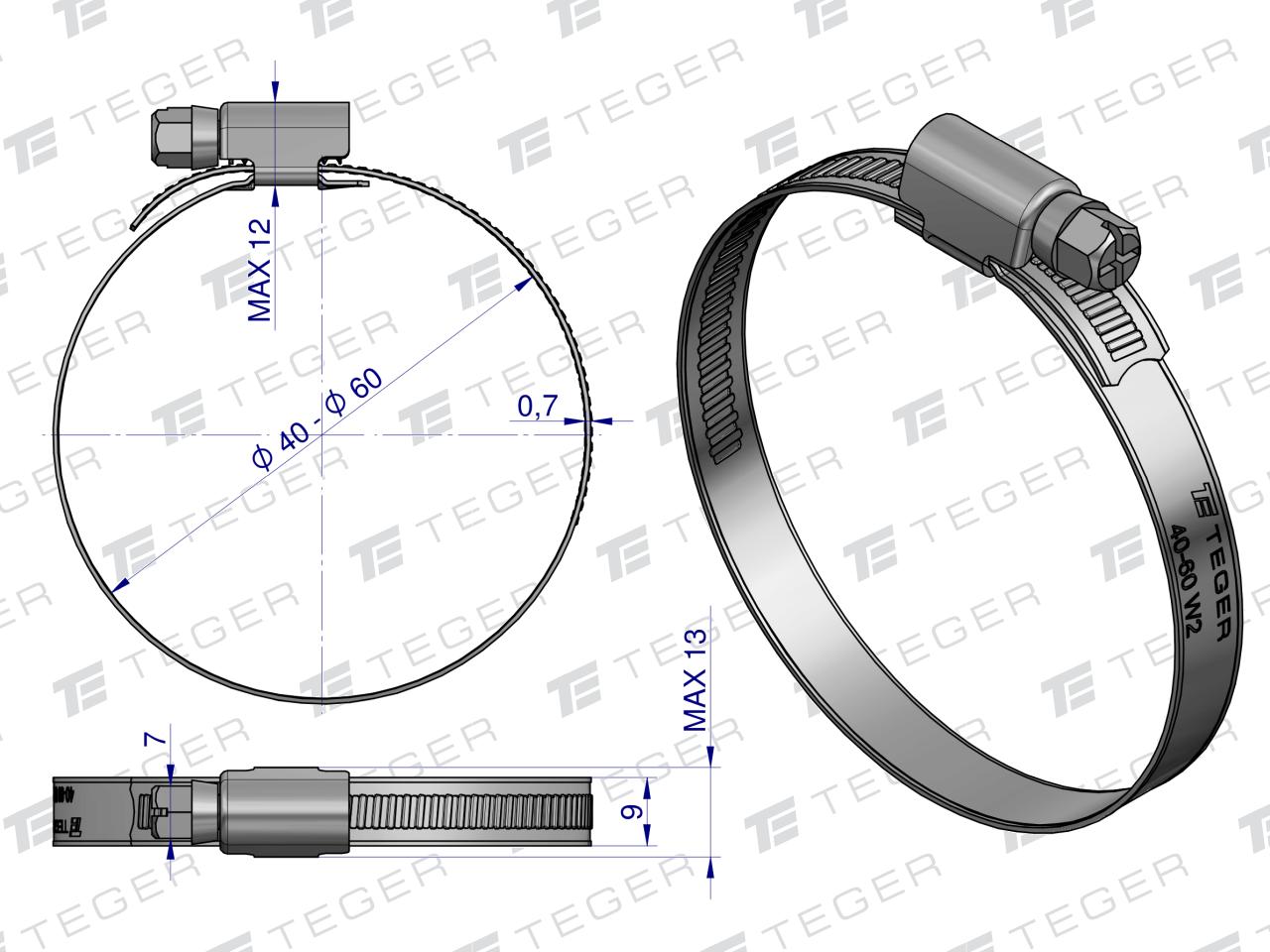 Opaska zaciskowa 40-60 ślimakowa (obejma W2 - stal nierdzewna) szerkość 9mm TEGER ( sprzedawane po 50 )