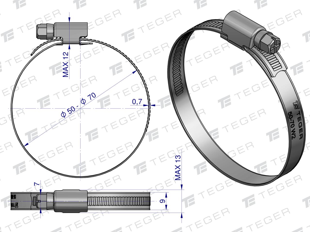 Opaska zaciskowa 50-70 ślimakowa (obejma W2 - stal nierdzewna) szerkość 9mm TEGER ( sprzedawane po 25 )