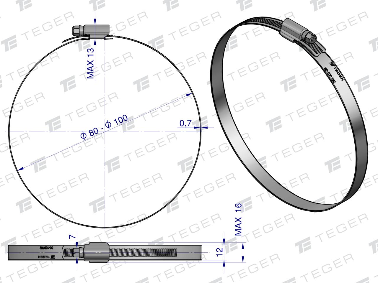 Opaska zaciskowa wzmocniona 80-100 ślimakowa (obejma W2 - stal nierdzewna) szerkość 12mm TEGER ( sprzedawane po 10 )