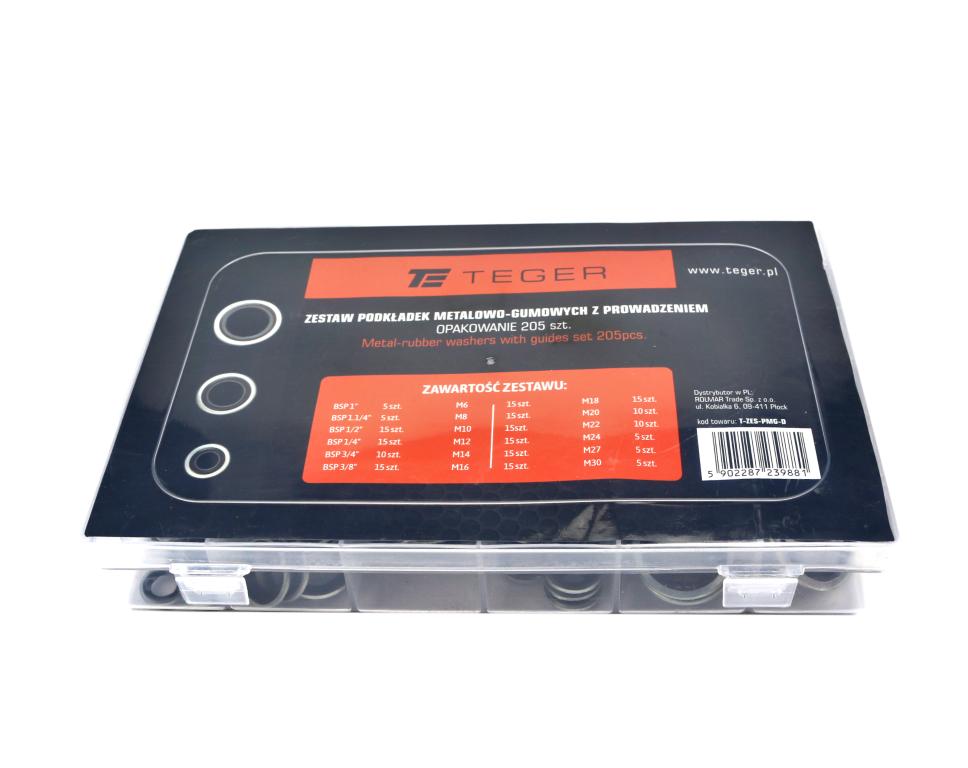 Zestaw podkładek metalowo-gumowych z prowadzeniem 205szt  TEGER