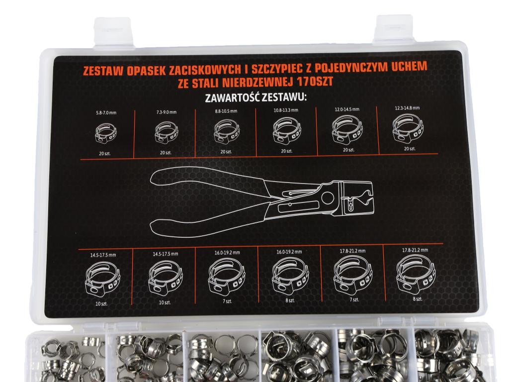 Zestaw opasek zaciskowych i szczypiec z pojedynczym uchem ze stali nierdzewnej 170szt TEGER