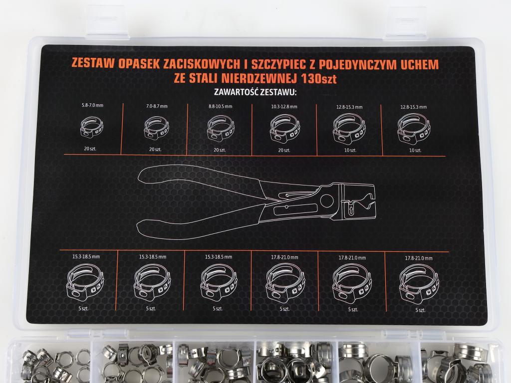 Zestaw opasek zaciskowych i szczypiec z pojedynczym uchem ze stali nierdzewnej 130szt TEGER