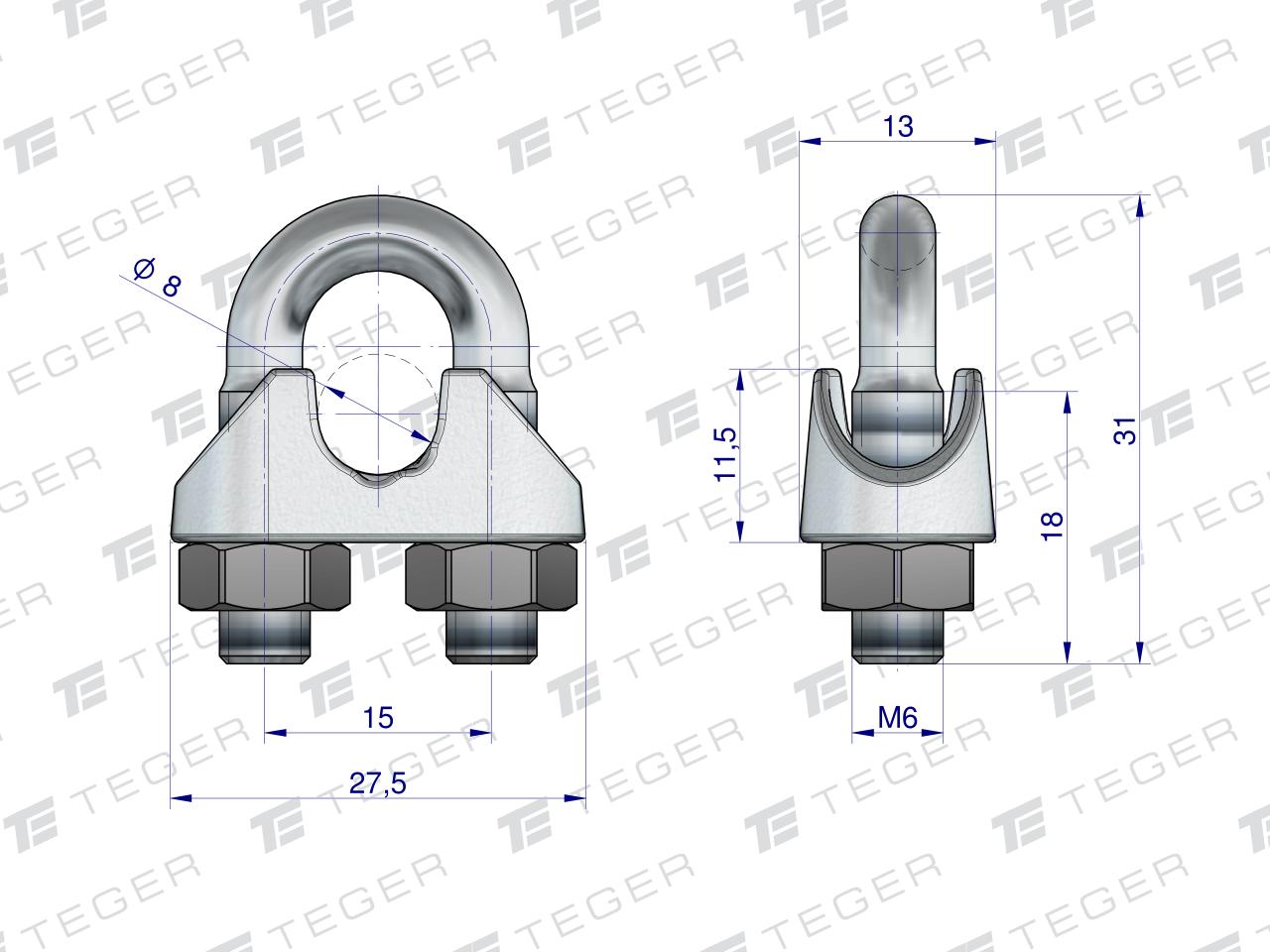 Zacisk linki stalowej 8mm TEGER, (sprzedawane po 10)