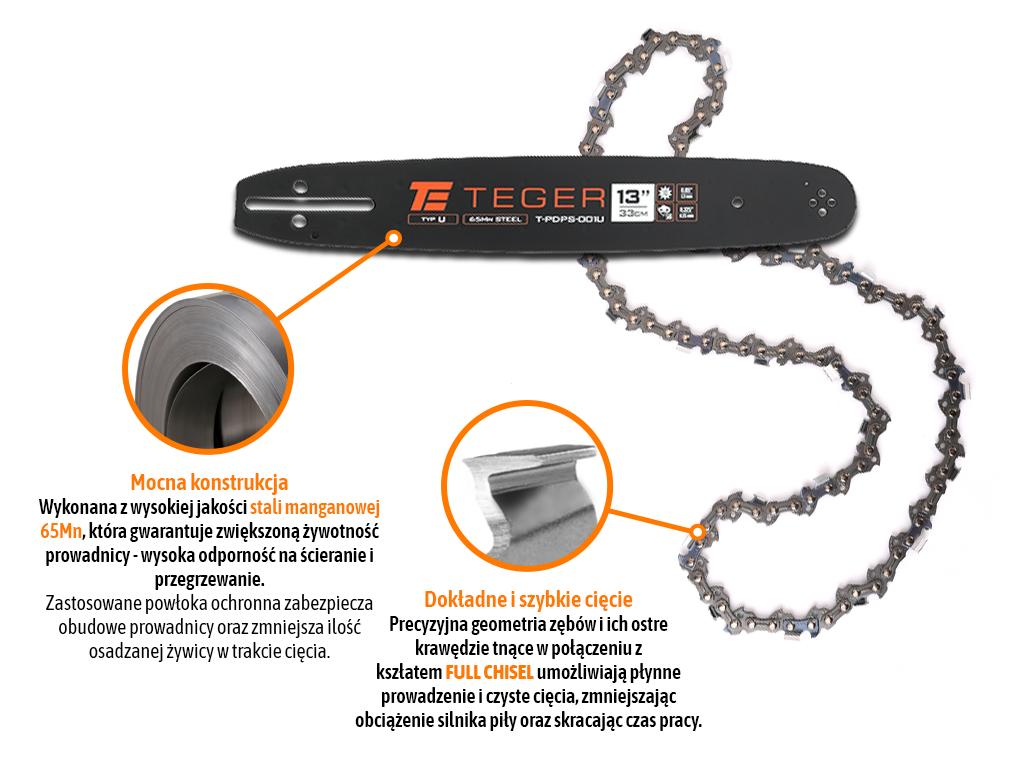 Zestaw tnący, 13" (33 cm) prowadnica + łańcuch, 0,325" 1,3mm 56 og., 10z, moc. U, Teger