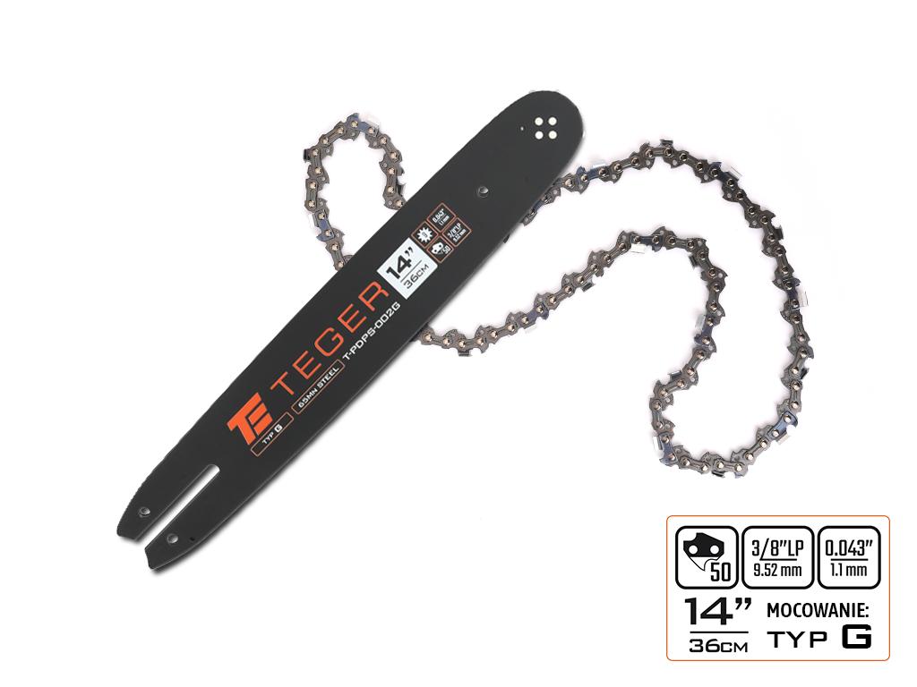 Zestaw tnący, 14" (36 cm) prowadnica + łańcuch, 3/8", 1,1 mm, 50 og., 9z, moc. G, Teger
